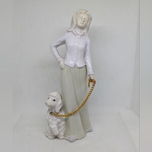 Vintage Porcelain Figurine Woman Walking a Poodle Dog Puppy Pets Decor